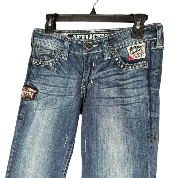 Affliction Women’s 27 Patch Jeans Denim Grunge Punk Street Whiskering Stretch - Picture 3 of 16